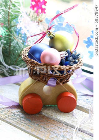 Toy car, Christmas decor, spruce branches, illumination Toy car, Christmas decor, spruce branches, illumination 59579947
