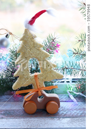 Toy car, Christmas decor, spruce branches, illumination Toy car, Christmas decor, spruce branches, illumination 59579948