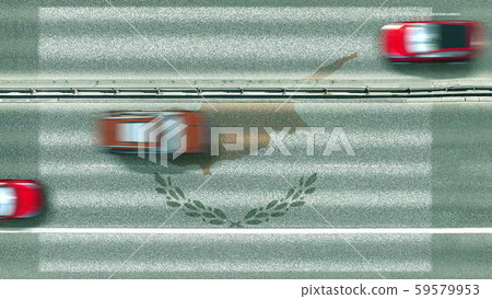 Aerial top down view of cars and flag of Cyprus on the road. Traveling related conceptual 3D 59579953