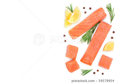 Slice of salmon with rosemary and lemon isolated on white. Top view. Flat lay ,copyspace for text Slice of salmon with rosemary and lemon isolated on white. Top view. Flat lay ,copyspace for text 59579954