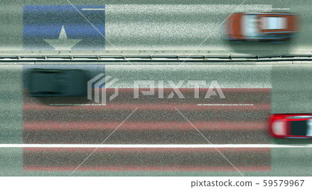 Aerial top down view of cars and flag of Chile on the road. Traveling related conceptual 3D Aerial top down view of cars and flag of Chile on the road. Traveling related conceptual 3D 59579967