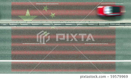 Aerial top down view of car and flag of China on the road. Traveling related conceptual 3D rendering Aerial top down view of car and flag of China on the road. Traveling related conceptual 3D rendering 59579969