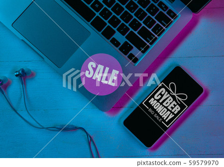 Top view of set of gadgets in purple neon light 59579970
