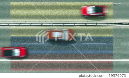 Aerial top down view of cars and flag of Colombia on the road. Traveling related conceptual 3D 59579973