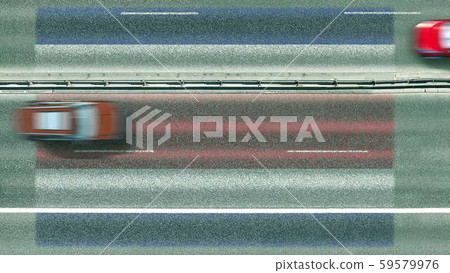 Aerial top down view of cars and flag of Costa Rica on the road. Traveling related conceptual 3D Aerial top down view of cars and flag of Costa Rica on the road. Traveling related conceptual 3D 59579976