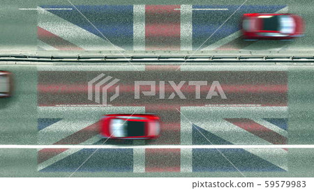Aerial top down view of cars and flag of Great Britain on the road. Traveling related conceptual 3D Aerial top down view of cars and flag of Great Britain on the road. Traveling related conceptual 3D 59579983