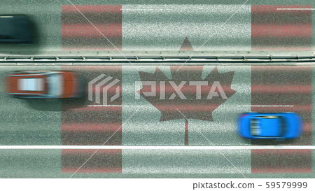 Aerial top down view of cars and flag of Canada on the road. Traveling related conceptual 3D Aerial top down view of cars and flag of Canada on the road. Traveling related conceptual 3D 59579999