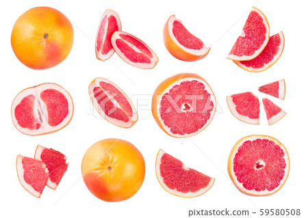 Grapefruit and slices with leaves isolated on white background. Top view. Flat lay pattern Grapefruit and slices with leaves isolated on white background. Top view. Flat lay pattern 59580508