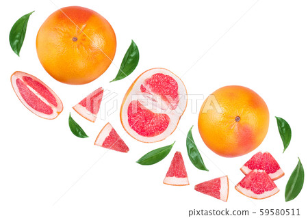 Grapefruit and slices with leaves isolated on white background with copy space for your text. Top Grapefruit and slices with leaves isolated on white background with copy space for your text. Top 59580511