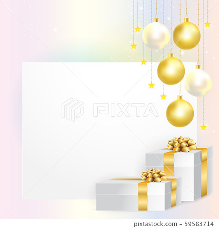 Empty card for wording decorated with gold and pearl Christmas balls and gold ribbon gift boxes 59583714