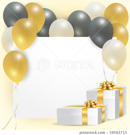 Empty card for wording decorated with balloons and gold ribbon gift boxes 59583715