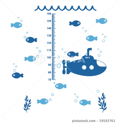 Kids height ruler with submarine and fishes for wall decals, wall stickers - Vector Kids height ruler with submarine and fishes for wall decals, wall stickers - Vector 59583761