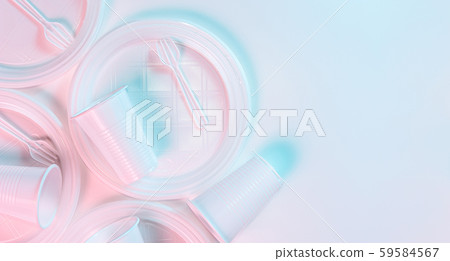 Disposable plastic tablewar on a light background in pastel colors. Minimalistic ecologically clean 59584567