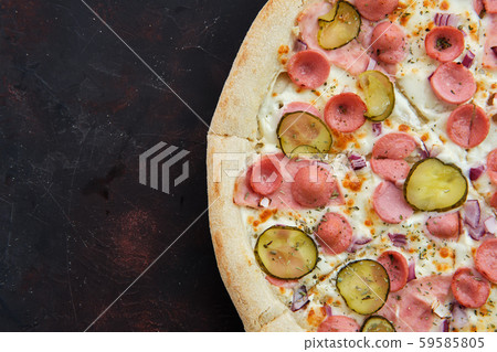 Close up view of pizza with frankfurter, ham, 59585805