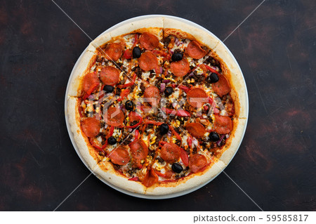 Top view of pizza with forcemeat, sausage, bell Top view of pizza with forcemeat, sausage, bell 59585817
