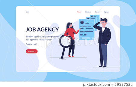 Job Agency modern first screen vector illustration tempalte with hero image, on which job agency consultant helps some company to find qualified employees. 59587523