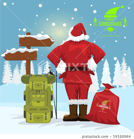 Santa Claus looking at a arrow with winter landscape and snowflakes. Cartoon illustration. 59588964