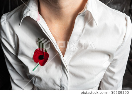 Lest We Forget concept.Remembrance Day 11 November. Women wear red poppies in tribute to fallen 59589390