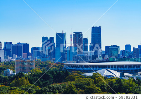 New National Stadium National Stadium Landscape Japan Tokyo Olympic Stadium Urban Landscape Sunny Blue Sky Bird's-eye View 59592331