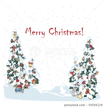 Winter evergreen christmas tree pine with decorated with spruce toys in winter forest. Christmas trees background. New Year background for design of postcard or banner 59594129
