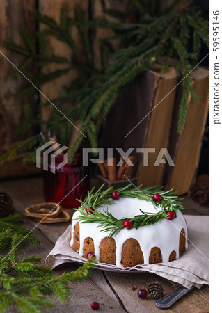 Traditional homemade Christmas fruit cake on the Traditional homemade Christmas fruit cake on the 59595146