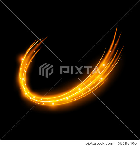 Light effect with curve trail and golden sparkles on black background 59596400