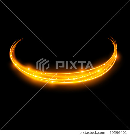 Light effect with curve trail and golden sparkles on black background 59596401
