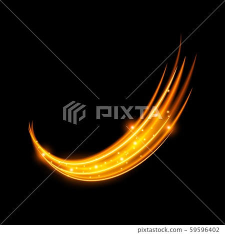 Light effect with curve trail and golden sparkles on black background 59596402