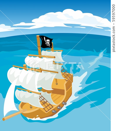 Old sailing ship with pirate flag. Vector flat 59597000