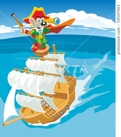 Comics mouse pirate sails on a sailboat. Vector 59597001