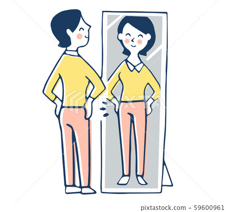 看她的鏡子的微笑的婦女 看她的鏡子的微笑的婦女 59600961