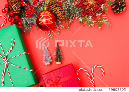 Christmas green gift box and decorations, fir tree Christmas green gift box and decorations, fir tree 59602805