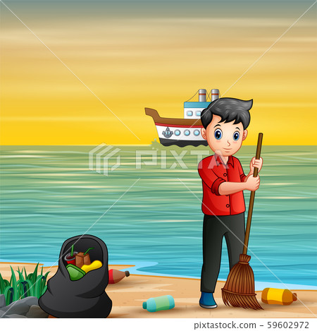 Volunteer man cleaning trash on the beach 59602972