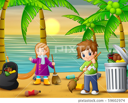A couple cleaning the beach 59602974