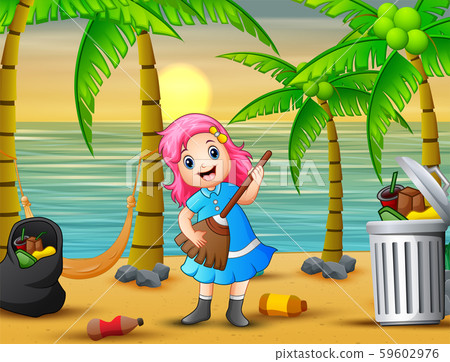 Cartoon happy litttle girl cleaning the beach Cartoon happy litttle girl cleaning the beach 59602976
