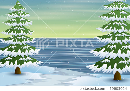 Winter landscape with frozen lake and fir trees - Stock Illustration ...