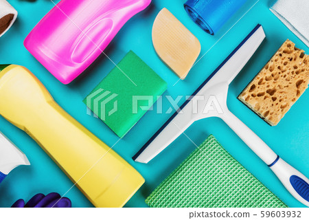 cleaning supplies, detergents and cleaning products. The contrast of colors 59603932