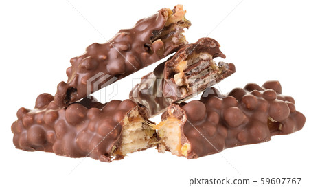 Chocolate bar with peanut and puffed rice isolated Chocolate bar with peanut and puffed rice isolated 59607767