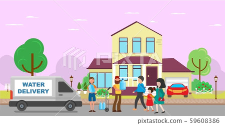 Water delivery service to home or office vector illustration. Courier man holds delivered water 59608386