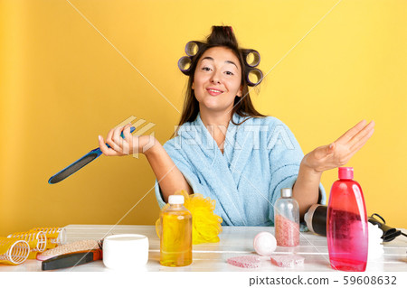 Portrait of young caucasian woman in her beauty day and skin care routine 59608632