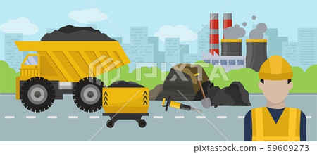 Road repair with construction machine and worker man in uniform vector illustration. Equipment truck 59609273