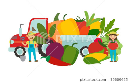 Couple of farmers with harvest of vegetables vector illustration. Farmers woman holding big tomato 59609625