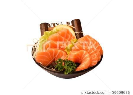 fresh slice salmon sasimi Japanese food serving on ice in bowl with white background 59609686