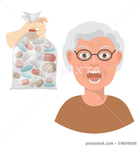 Pills for elderly patient vector illustration. Hand of doctor or pharmacist holds bag with tablets Pills for elderly patient vector illustration. Hand of doctor or pharmacist holds bag with tablets 59609898