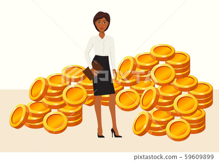 Young beautiful business woman or office worker standing among gold coins vector illustration Young beautiful business woman or office worker standing among gold coins vector illustration 59609899