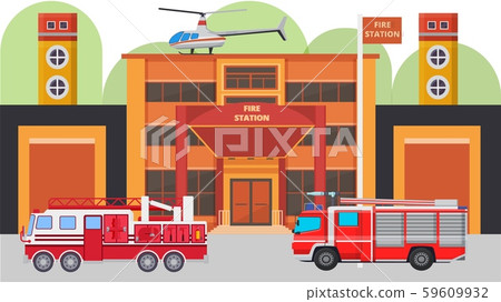 Modern fire station building facade and fire cars vector illustration. Fire vehicles with equipment Modern fire station building facade and fire cars vector illustration. Fire vehicles with equipment 59609932