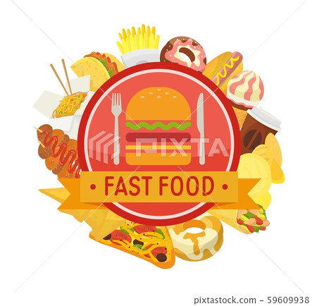 Fast food round frame composition vector illustration. Set of fast food items for menu, label Fast food round frame composition vector illustration. Set of fast food items for menu, label 59609938
