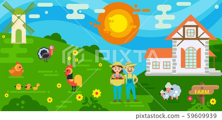 Couple of farmers with harvest vector illustration. Woman holding basket with fresh vegetables Couple of farmers with harvest vector illustration. Woman holding basket with fresh vegetables 59609939