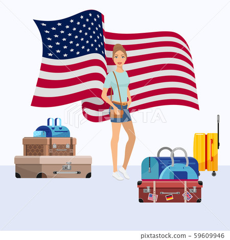 United States of America emigration vector illustration. Young woman girl emigrate to USA standing 59609946
