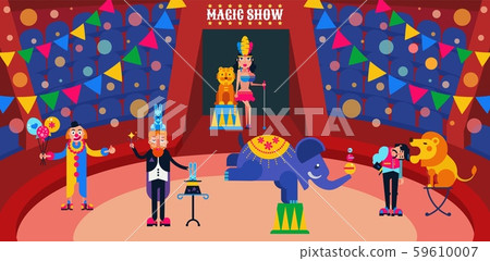 Circus show vector illustration. Circus artists performers at arena trainer, magician with hares Circus show vector illustration. Circus artists performers at arena trainer, magician with hares 59610007